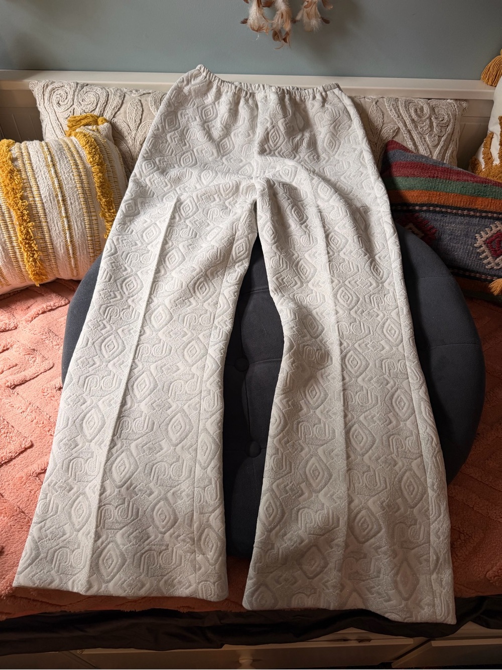 Vintage Homemade White Textured Jacquard Wide Leg Pants Elastic